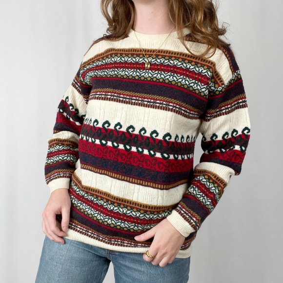 Vintage Wool Fair Isle Cable Knit Sweater Made In Scotland Oversized Grandpa - Picture 2 of 8